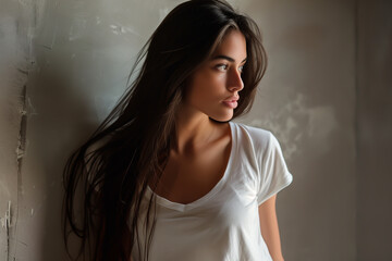Wall Mural - Close-up portrait of a very beautiful, young Latina woman with long hair, wearing a white t-shirt - isolated, background, copy space