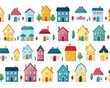 Cute house drawings in childlike style, repeating white background, flat simple line vector illustration ,  seamless pattern drawing
