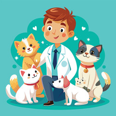 a man with a lab coat and two cats with a lab coat on.