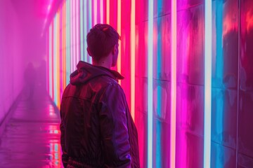 Wall Mural - A man standing in front of a wall with neon lights, perfect for urban concepts