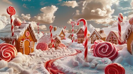 Wall Mural - A charming Christmas village with candy canes and gingerbread decorations. Perfect for holiday designs and festive projects