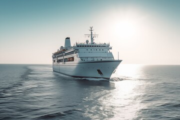 Cruise ship sailing on calm sea with sunlight