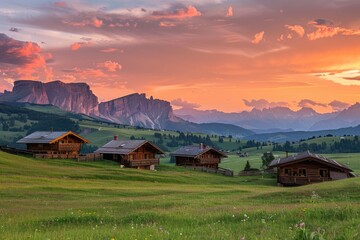 Poster - Two cabins situated on a beautiful green field, perfect for nature lovers and travel enthusiasts