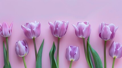 Delicate violet tulips set against a soft pastel backdrop perfect for a Women s Day greeting card Flat lay composition with space for personalized messages