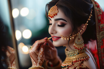 Wall Mural - Beautiful indian bride doing make up in front of mirror