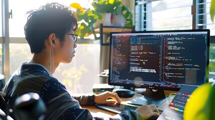 Diligent Japanese Software Developer Coding a New Program in Bright,Sunny Office