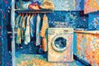 A painting of a laundry room with a washing machine. Suitable for household appliance ads