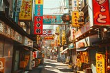 Fototapeta Młodzieżowe - Vibrant Japanese Street Adorned with Colorful Signs and Billboards in Bright Sunlight