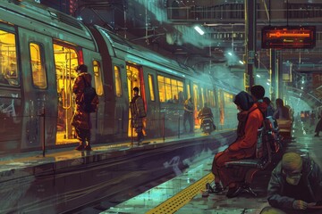 Poster - Group of people sitting on bench next to train, suitable for transportation concepts