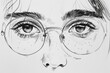 Close-up drawing of a woman's face wearing glasses. Ideal for educational or artistic projects