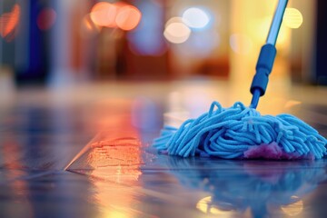 A mop with a blue handle on the floor. Suitable for cleaning concept