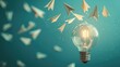 Paper airplanes flying out of a light bulb, symbolizing creative ideas taking flight