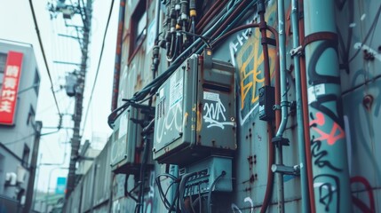 A wall covered in graffiti and a red sign with Chinese characters