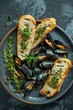 Fresh mussels and bread on a wooden table, perfect for seafood restaurant menus