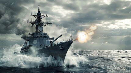 Poster - A navy ship sailing in the vast ocean. Ideal for military or nautical themes