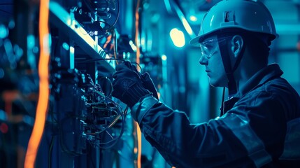 A tense moment where a technician repairs live electrical wires, wearing protective gear against a backdrop of high-voltage equipment.2