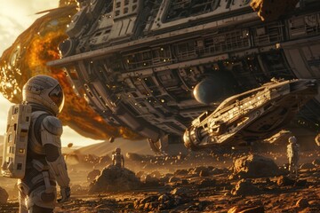 Wall Mural - astronaut in space suit standing in front of a spaceship, suitable for science fiction themes
