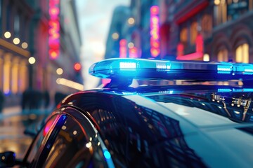 A close up of a police car on a city street. Suitable for law enforcement and urban scenes