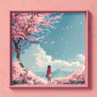 a framed picture of a girl standing under a cherry blossom tree