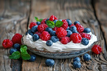 Wall Mural - Fresh berries and whipped cream on rustic table, perfect for food blogs