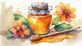 Fototapeta Natura - Watercolor illustration of glass jar of honey, flowers and wooden dipper with spaced grooves