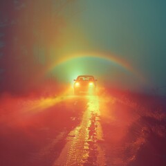 Wall Mural - A car is driving down a road with a rainbow in the background