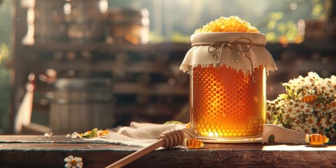 Wall Mural - A jar of honey on a rustic wooden table, perfect for food and kitchen-related designs