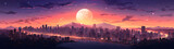 Fototapeta Sypialnia - Generative AI illustration of lo-fi Night Skyline and Purple Hues inspirated in manga and anime. Cityscape with the moon. Reflections.
