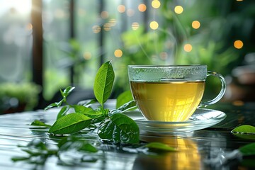 Wall Mural - A cup of green tea with fresh leaves is placed on the table