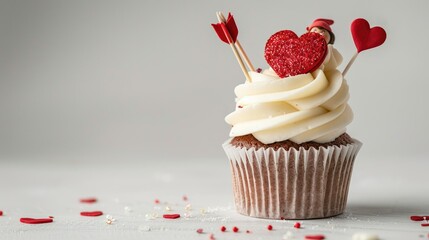 Wall Mural - A Valentine s Day cupcake adorned with sugar hearts and a cupid arrow stands elegantly on a pristine white backdrop