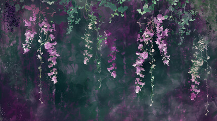 Wall Mural - Wallpaper with painted purple wisteria on a dark background. Frame. Place for text.