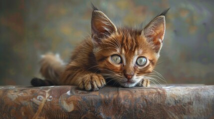 Wall Mural - An adorable brown kitten with mesmerizing green eyes lies on ornate fabric, exuding playfulness and a hint of mischief