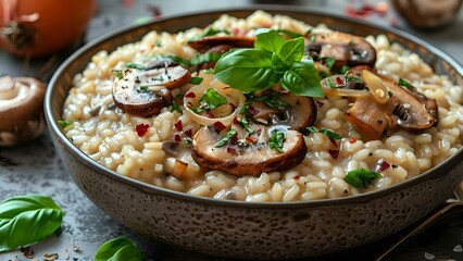 Wall Mural - Delicious Italian Vegan Mushroom Risotto Recipe. Concept Italian Cuisine, Vegan Recipes, Mushroom Dishes, Risotto Cooking Tips