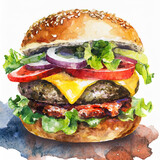 Fototapeta Natura - Watercolor illustration of hamburger, hamburger with cheese, meat, tomato, salad. Fast food lunch