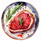 Fototapeta Natura - Watercolor fresh raw beef steak with spices and rosemary isolated on white background, top view