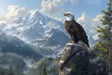 Fototapeta  - serene mountain landscape An eagle in flight catching fish from a lake,Bald eagle flying swoop hand draw and paint color on white background. Bald eagle in flight on isolated background