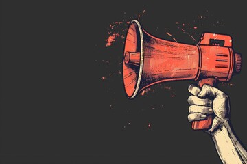 A powerful red megaphone held in a hand. Ideal for communication concepts