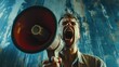 A man holding a megaphone and screaming. Great for communication concepts