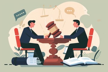 Sticker - Two men sitting at a table with a gavel. Suitable for legal, business concepts