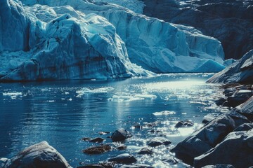 Poster - A serene body of water surrounded by rocks and ice. Perfect for nature and winter themed projects