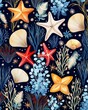 Seamless marine life pattern, cute handdrawn shells and starfish for textiles ,  high resolution