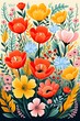 Springtime garden illustration, vibrant greenery and flowers, handdrawn for kids  textiles ,  vector