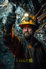 Poster - A man in a hard hat holding a flashlight. Suitable for construction or safety concepts