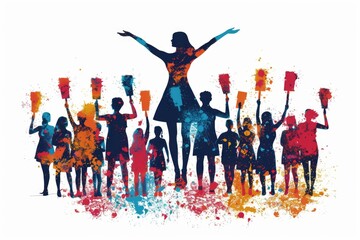 Poster - A group of people with cheerleaders in silhouette. Ideal for sports events and team spirit concepts.