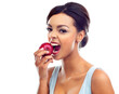 © peopleimages.com - Black woman, health and eating into an apple for nutrition and weight loss program isolated in studio. Female person or model and fruit for lunch, balanced diet and wellness with white background