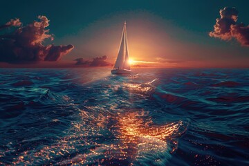 Canvas Print - Sailboat sailing in the ocean at sunset, perfect for travel and adventure concepts