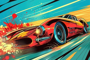 Wall Mural - A vibrant red and yellow car driving down a road. Suitable for automotive and travel concepts