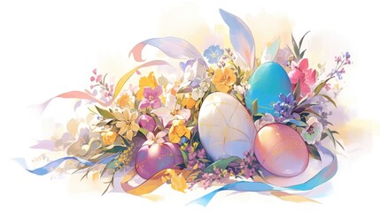 Wall Mural - 2d illustration of an Easter themed arrangement featuring colorful eggs vibrant flowers and delicate ribbons