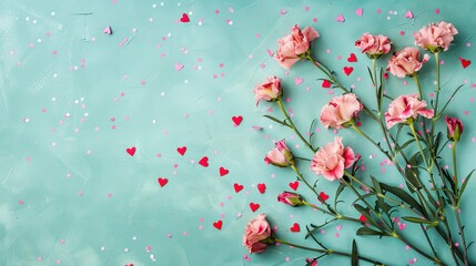 Wall Mural - Mother's Day fashionable layout: Overhead shot of fresh carnations, sentimental message, tiny hearts, and confetti on a delicate teal surface, with blank space for words or adverts	