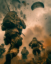Parachuting Soldiers From A Low Angle, Capturing The Adrenaline Fueled Rush Of Their Descent Into Action